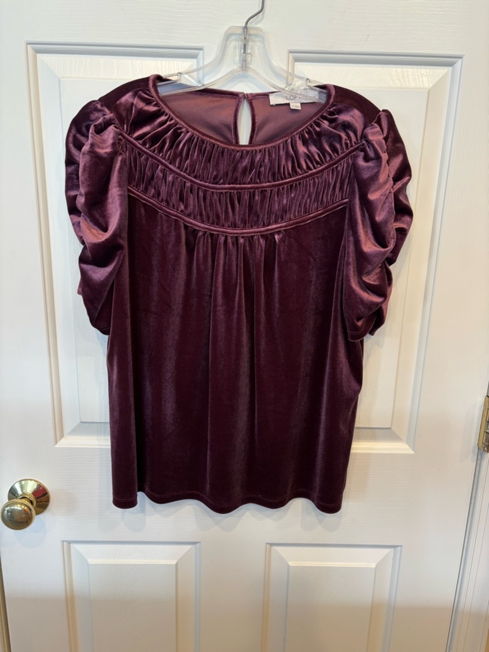 LOFT Plum Velvet Puff Sleeve Blouse